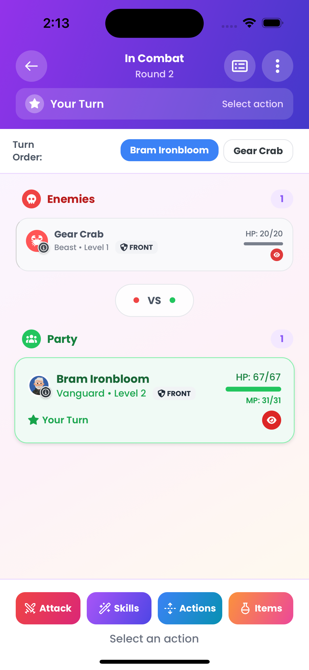 ArcanaKit turn-based combat interface with initiative and party status