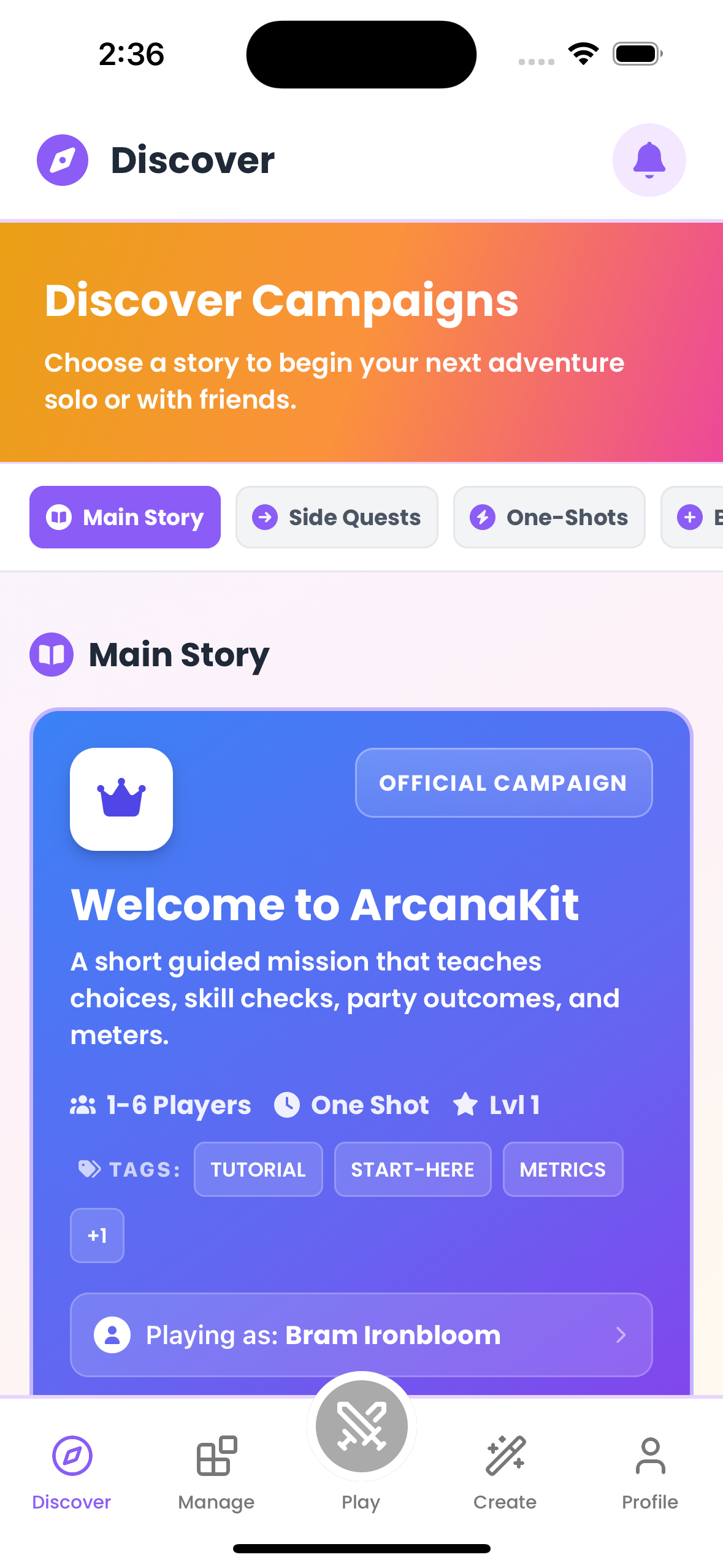 ArcanaKit campaign discovery screen listing playable adventures