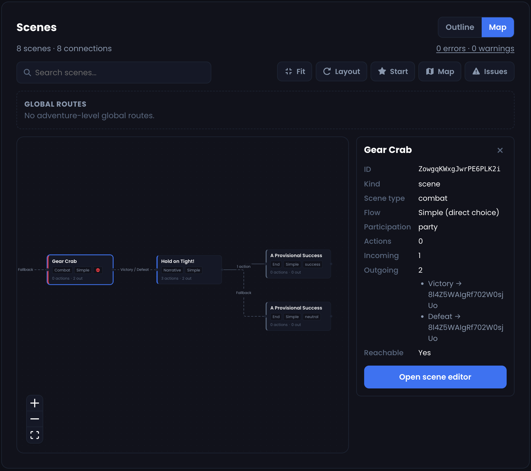 ArcanaKit adventure flow visualization in the creator editor