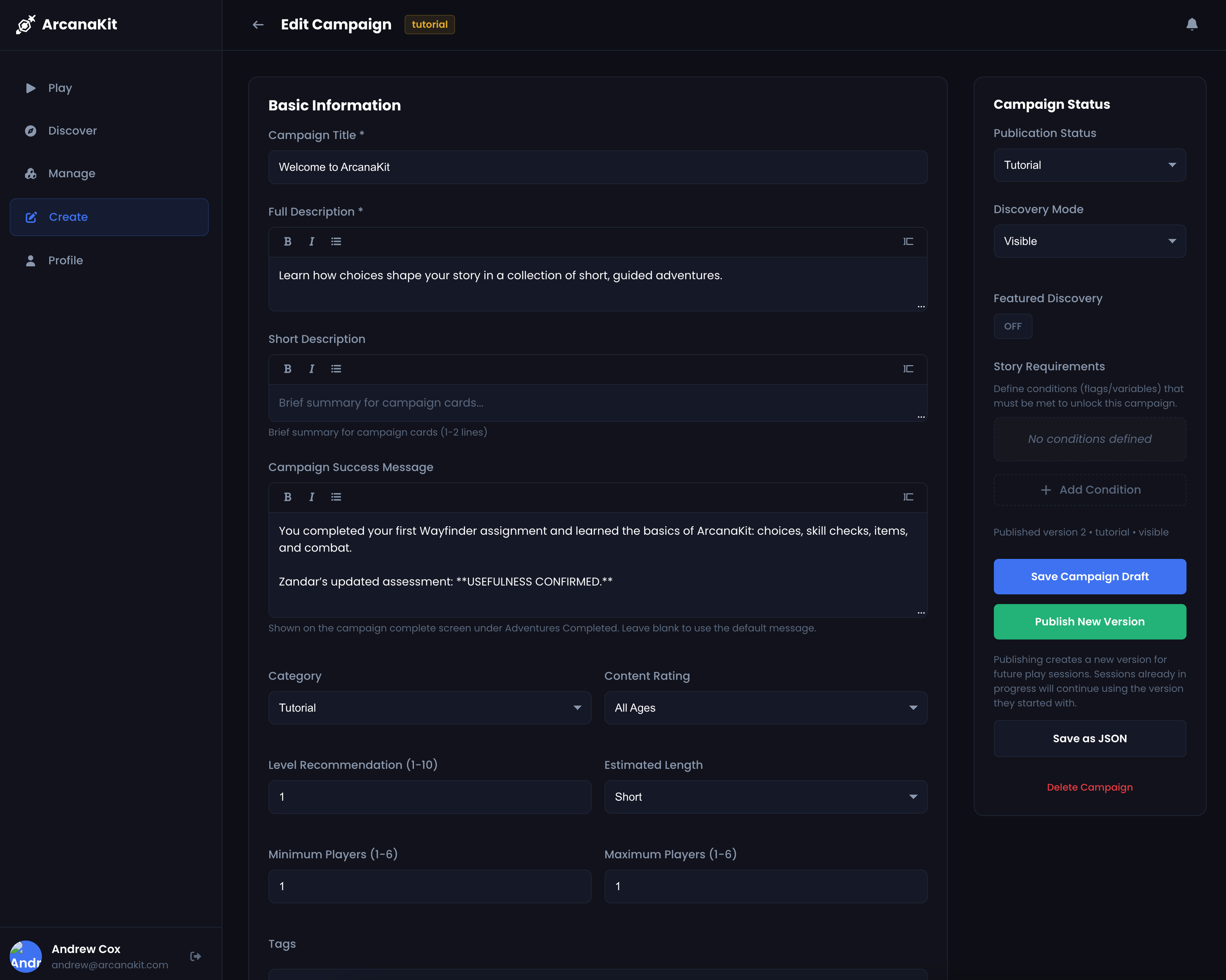 ArcanaKit browser-based creator too ls for authoring campaigns and scenes
