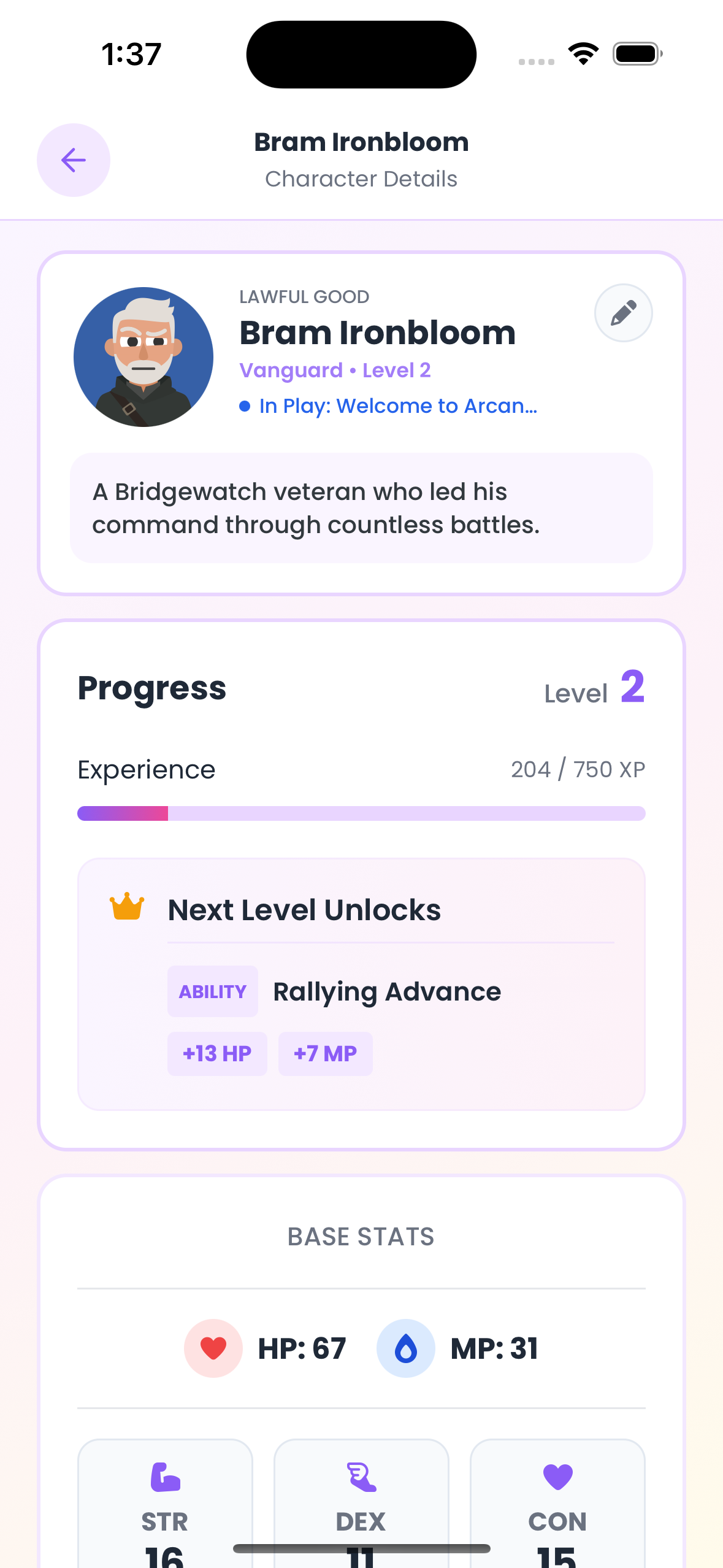 ArcanaKit character progression screen with stats and unlocks
